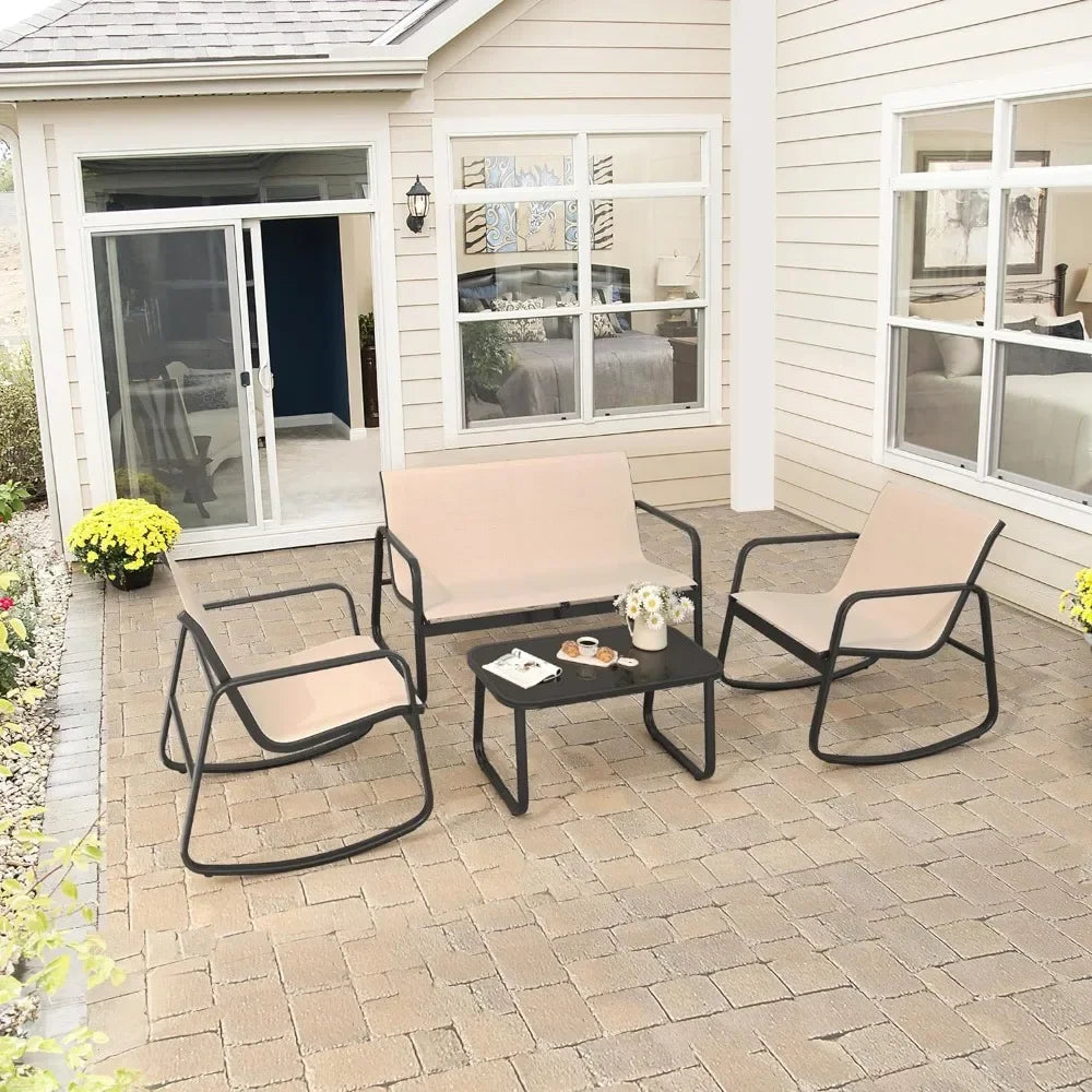 4 Piece Patio Furniture Set, Small Backyard Bistro Rocking Chairs, Loveseat and Glass Table,