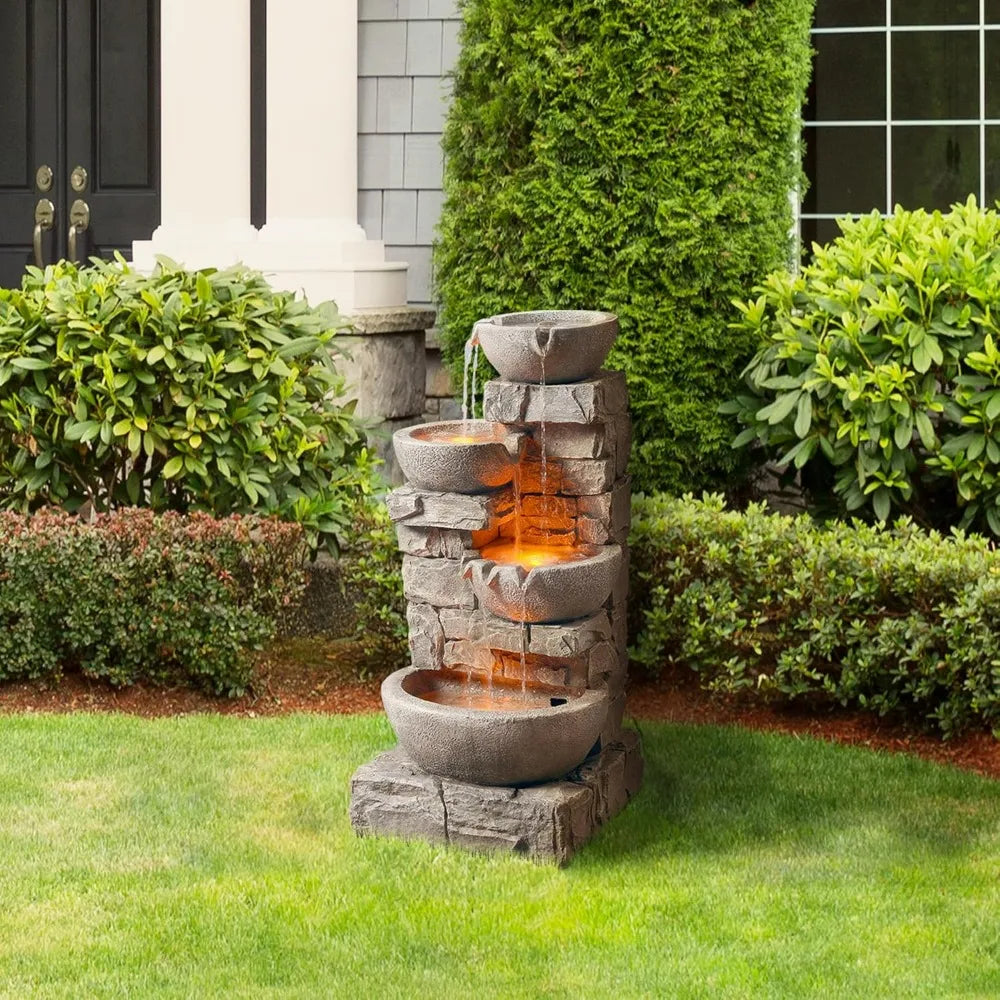 bird bath，Cascading Bowls and Stacked stones