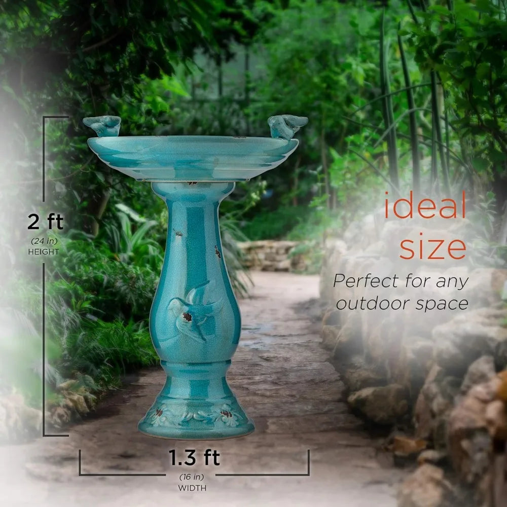 25" Tall Outdoor Ceramic Antique Pedestal Birdbath With 2 Bird Figurines