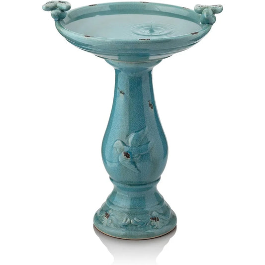 25" Tall Outdoor Ceramic Antique Pedestal Birdbath With 2 Bird Figurines