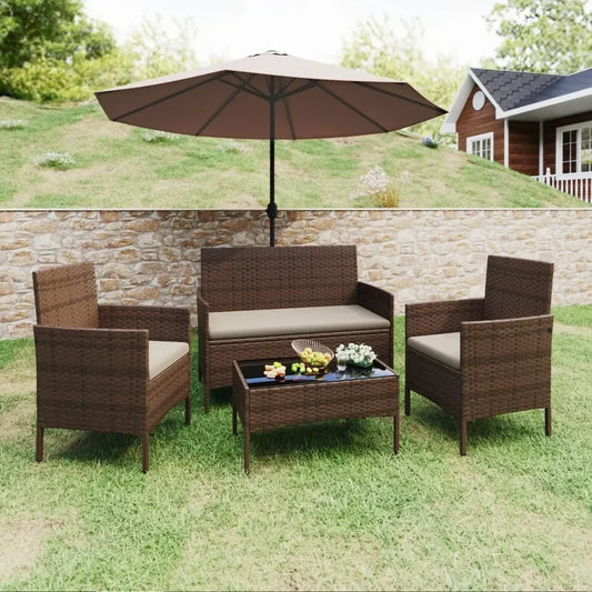 Outdoor Sofa Set of 4 with Soft Cushion and Glass Table,