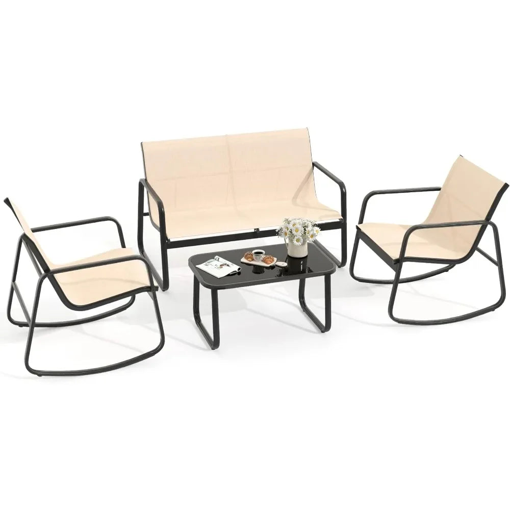 4 Piece Patio Furniture Set, Small Backyard Bistro Rocking Chairs, Loveseat and Glass Table,